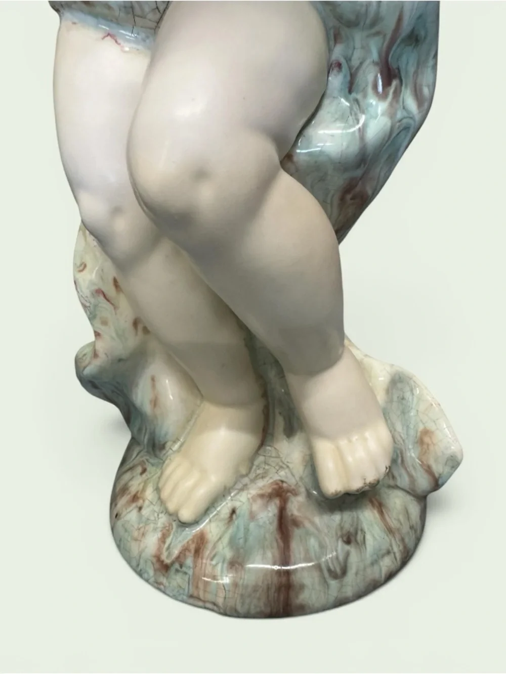 Vintage Cream Ceramic Cherub Figurine with Pale Aqua Drapery 16” x 6”